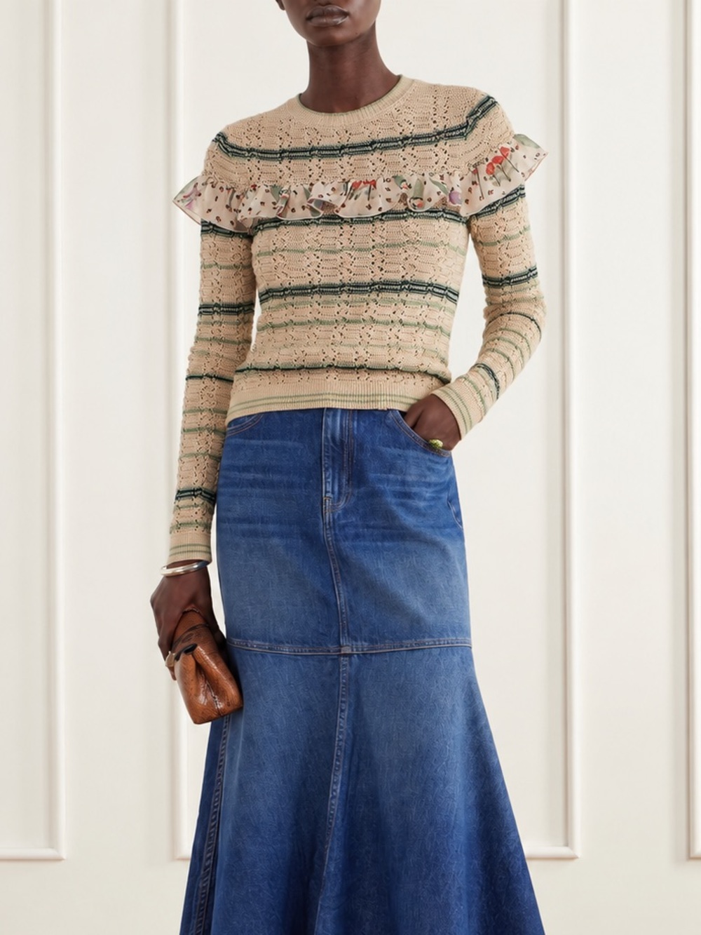 Valentino RED Ruffle Detail Crochet Knit Striped Sweater